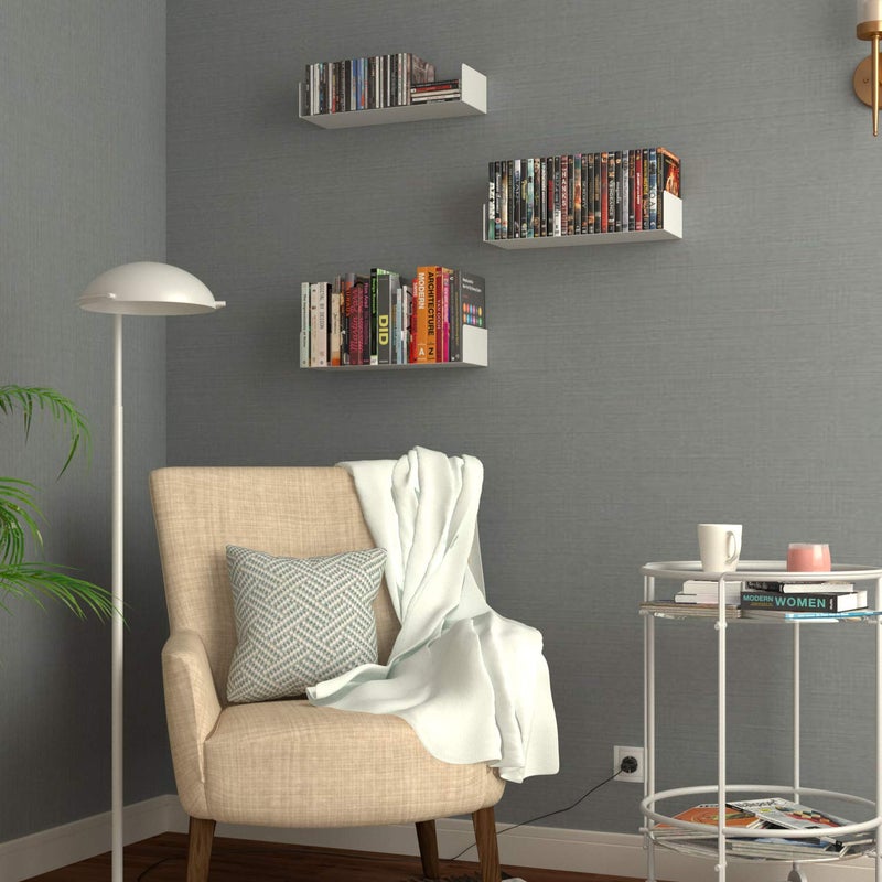 Wallniture Bali White Floating Shelves for Wall, CD DVD Storage Shelves and Metal Bookshelf Set of 3 - Image 3